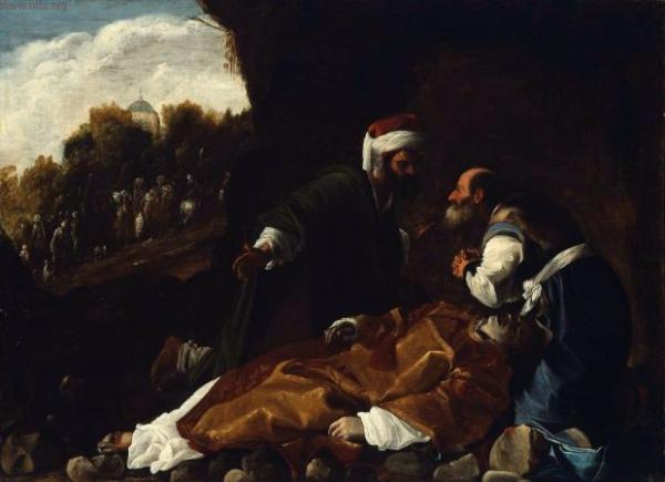 Святые Гамалиил и Никодим (который ночью приходил беседовать со Христом) оплакивают святого Стефана. Школа Карло Сарацени, около 1615 г. (Музей изящных искусств, Бостон).
