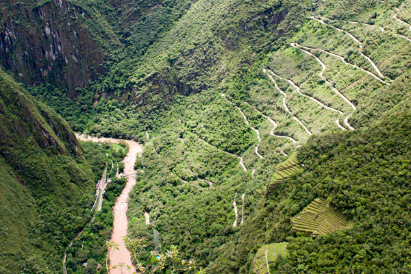 Вид с горы Вайна Пикчу. Зигзаги, которые режут джунгли от реки Урубамба, – автобусная дорога. Каменные ступени идут перпендикулярно ей, напрямик к вершине горы – оттого этот путь так утомителен